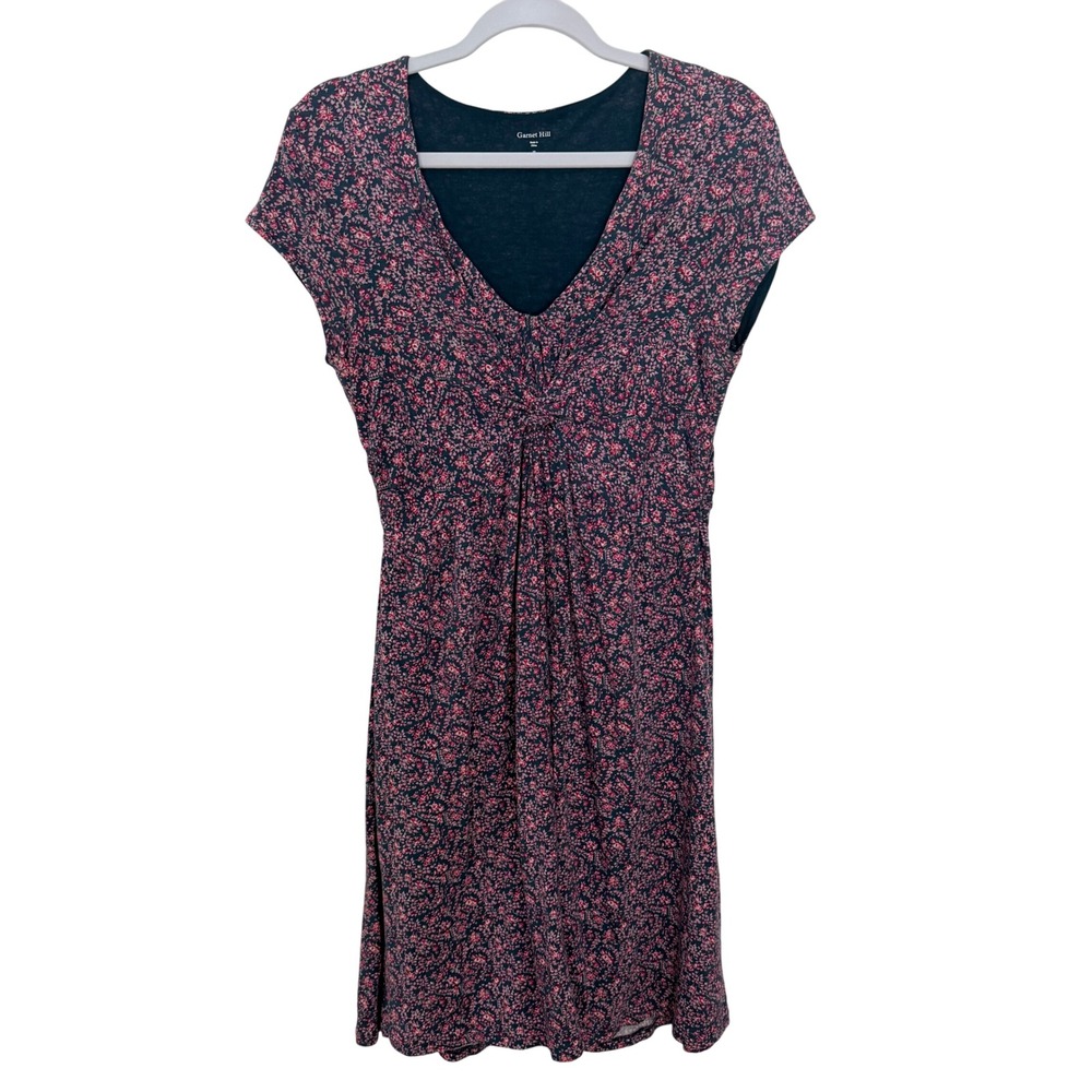 Garnet Hill Short Sleeve V-Neck Dress Pink Floral Dainty Knot Boho Feminine SZ 6